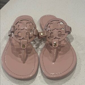 Tory Burch Blush Pink Patent Leather Logo Thong Sandals